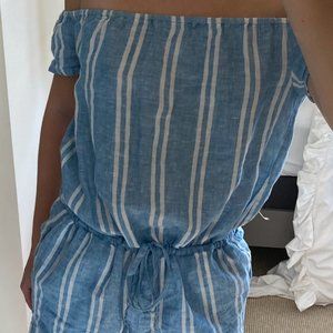 blue and white striped linen romper